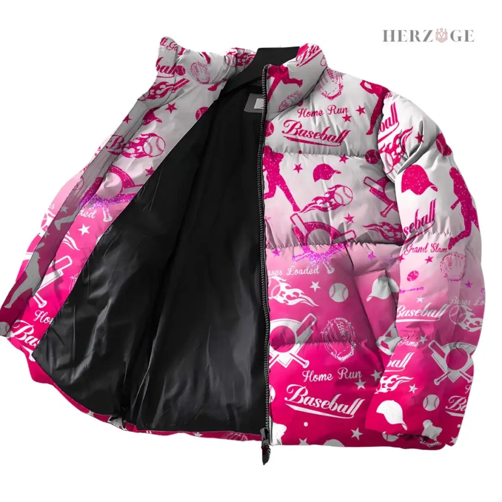 baseball puffer jacket | baseball winter jacket | baseball jacket outfit | baseball themed gift ideas | puffy baseball jacket
